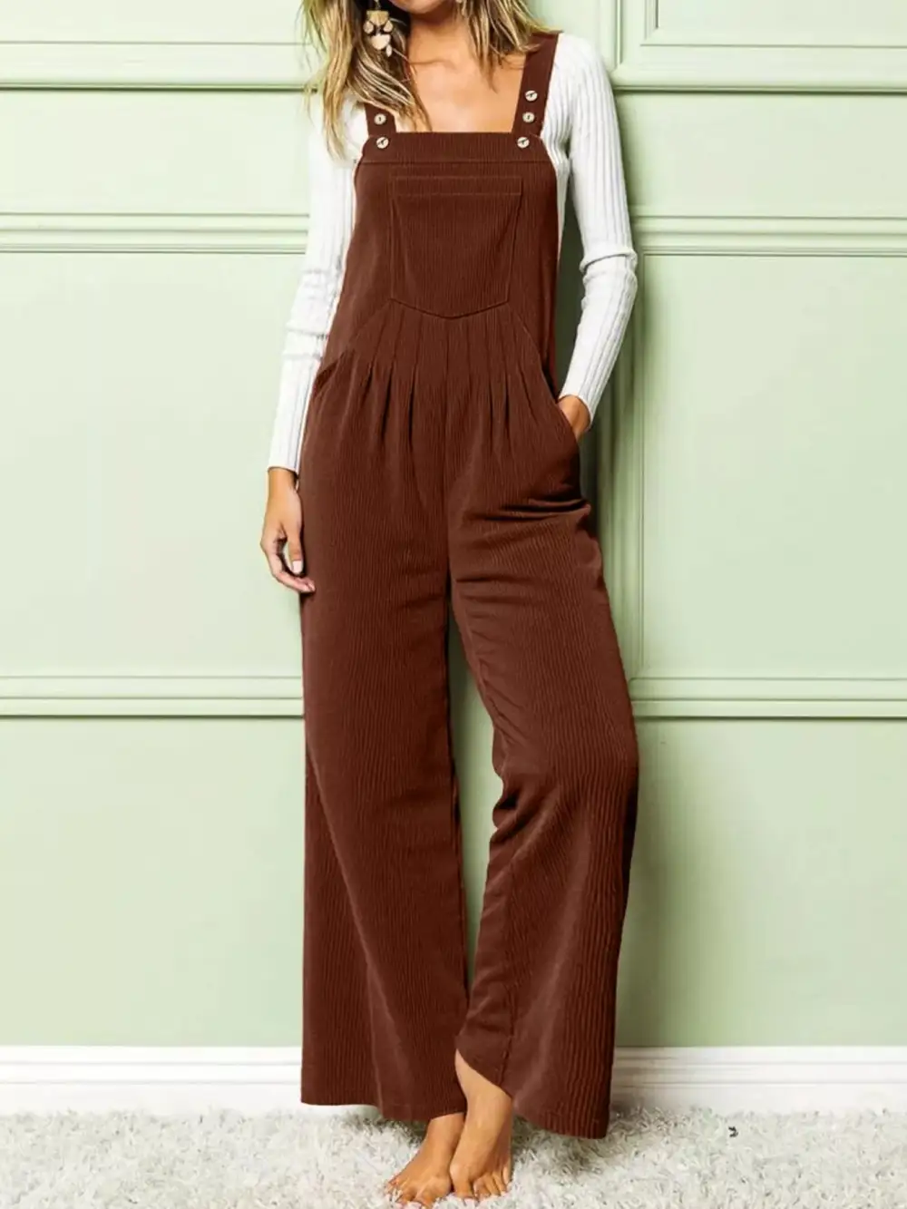 Front Ruched Wide Leg Pockets Jumpsuit