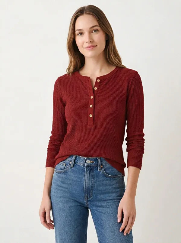Women's Casual Basic Charcoal Waffle Knit Buttoned Henley Shirt