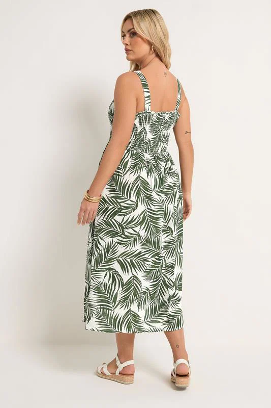 Green Palm Leaf Shirred Linen Maxi Dress detail 3