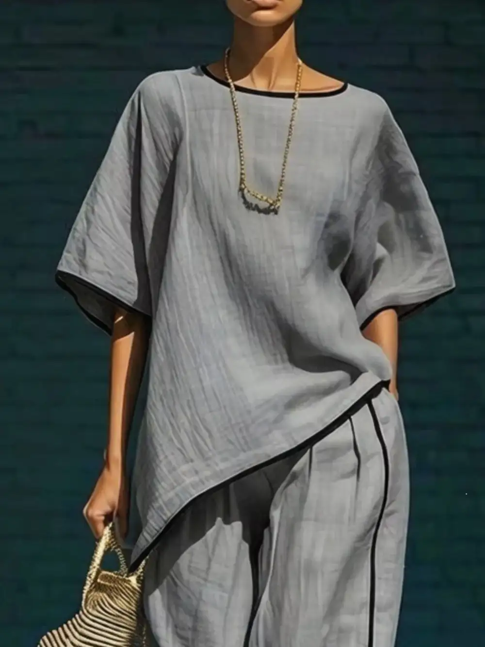 Contrast Trim Round Neck Top and Pants Set