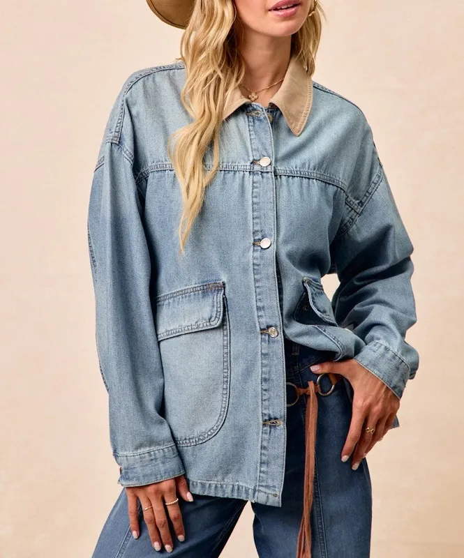 Washed Denim Jacket with Contrast Collar Detail