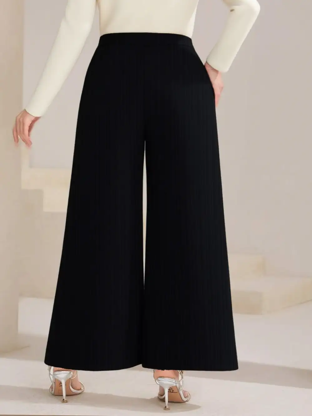 Plus Size High Waist Wide Leg Button Decor Pants