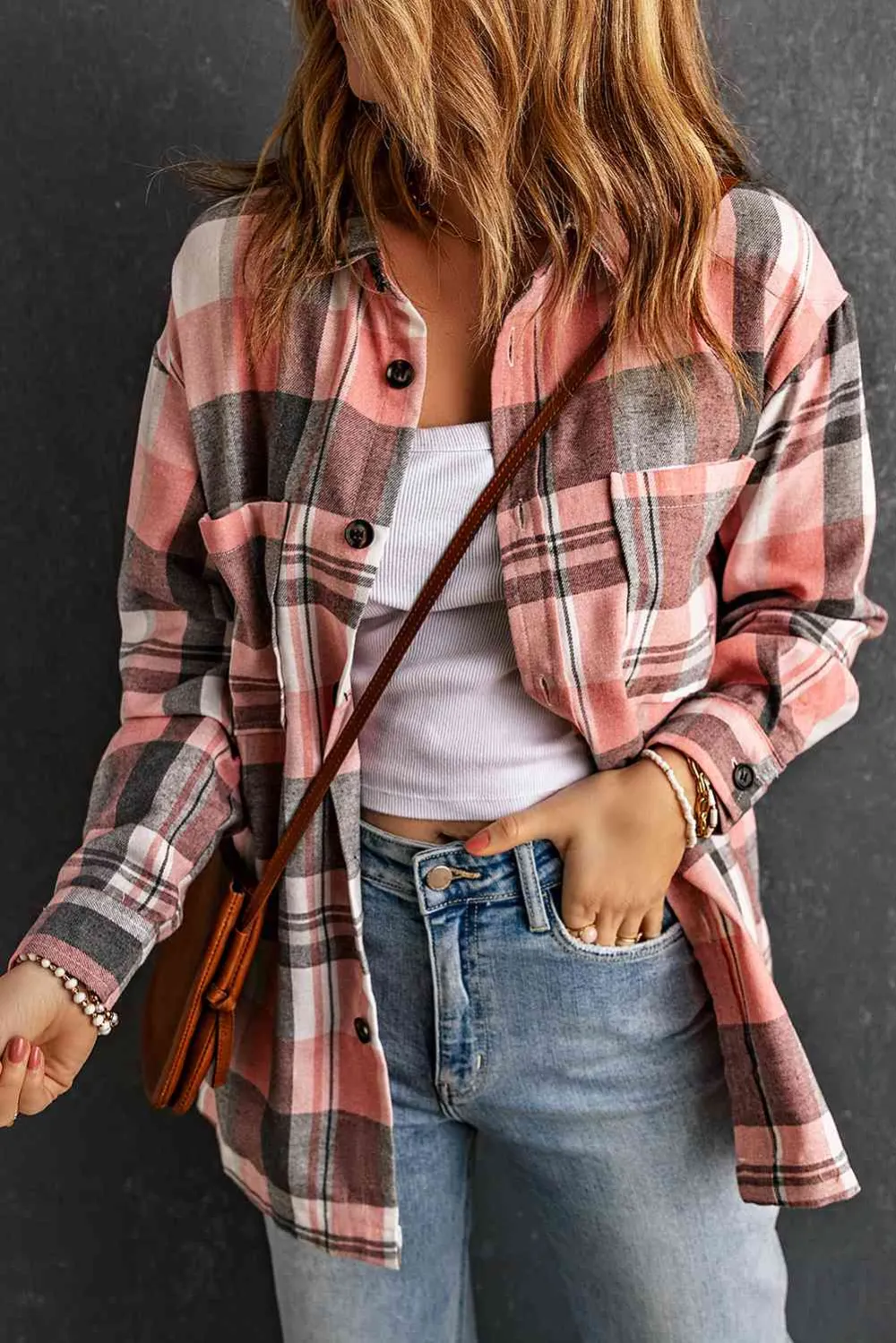 Longline Dropped Shoulder Plaid Pocket Detail Shirt