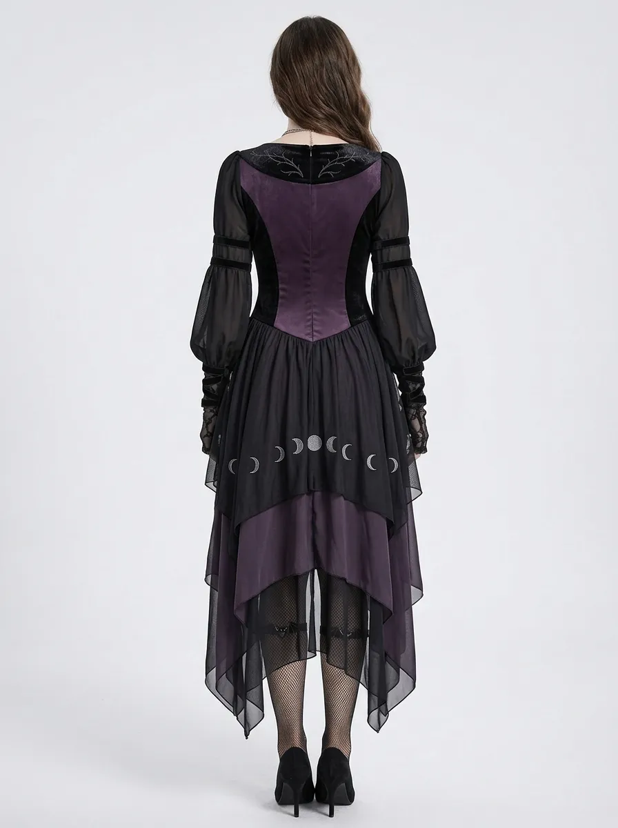Midnight Moon Phase Moon Embroidered Punk Look Women's Gothic Dress