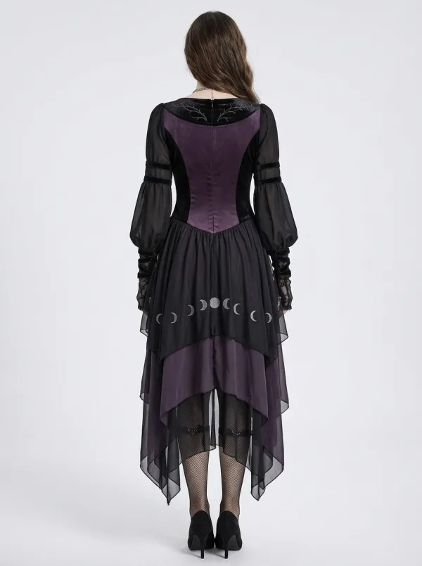 Midnight Moon Phase Moon Embroidered Punk Look Women's Gothic Dress