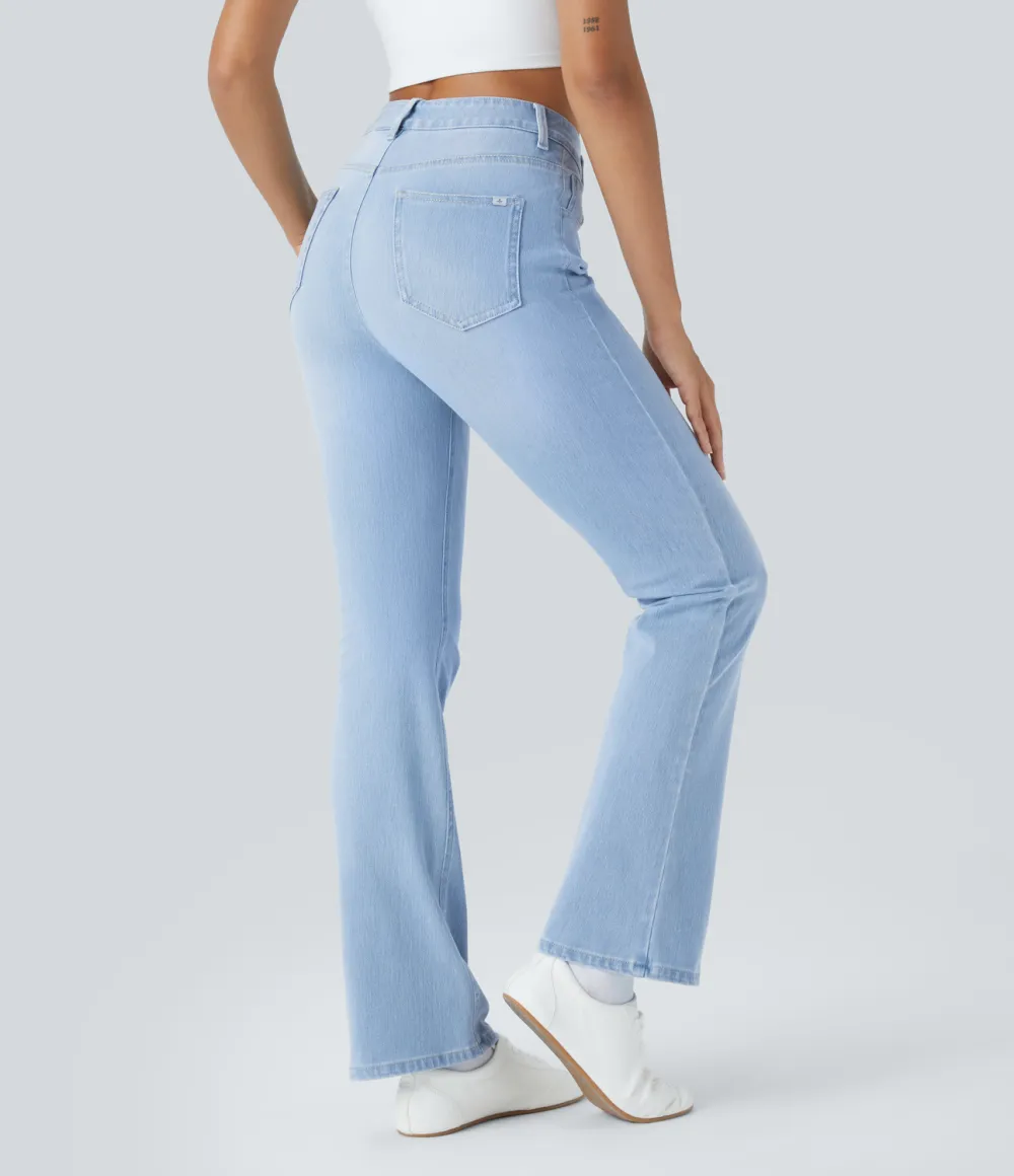 Magic High Waisted Multiple Pockets Washed Stretchy Knit Casual Bootcut Jeans