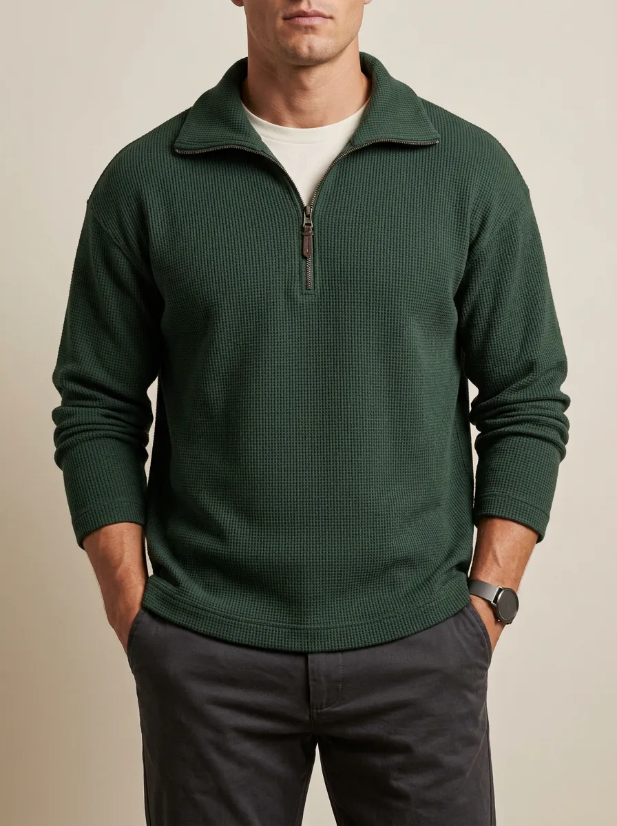 Simple Pullover with Waffle Knit Finish and Quarter-Zip Front