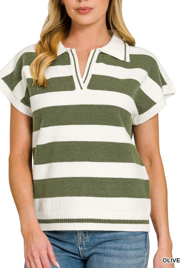Striped Collared Short Sleeve Sweater