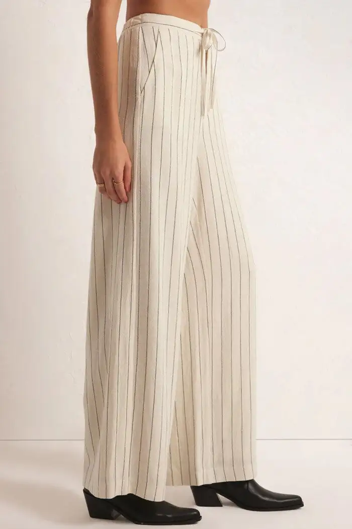 Women's Beige Pinstripe Wide Leg Pants