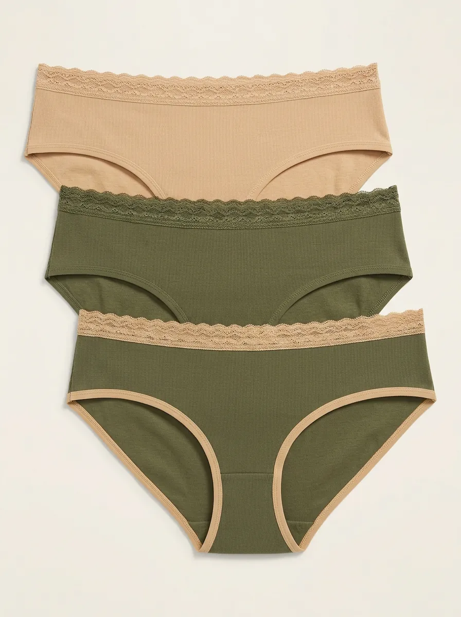 Women's Mid-Rise Ribbed Seamless 3-Pack Contrast-Trim Lace-Trim Briefs