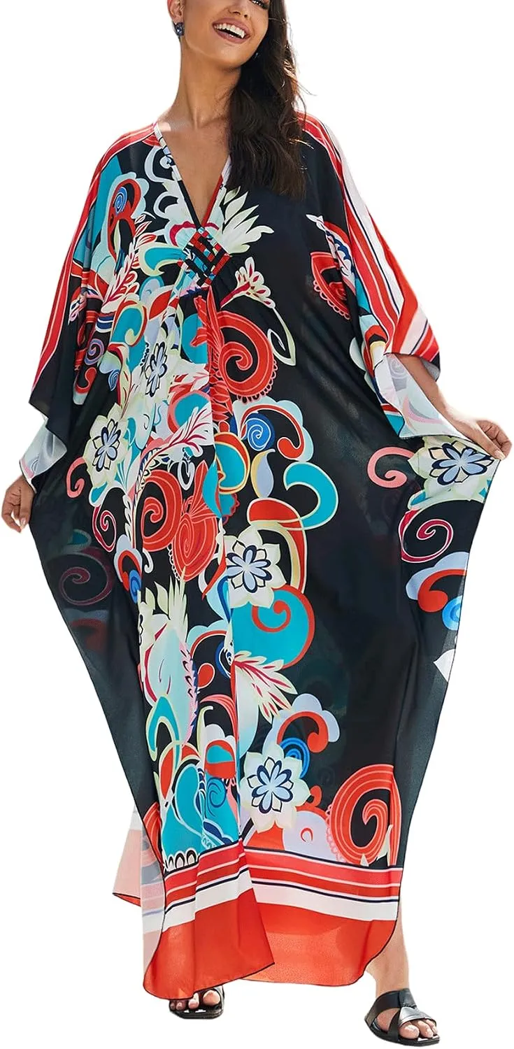 KECVOT Kaftan Dresses for Women Plus Size Batwing Sleeve Caftans Long Bathing Suit Cover Up Maxi Beach Dress Loungewear