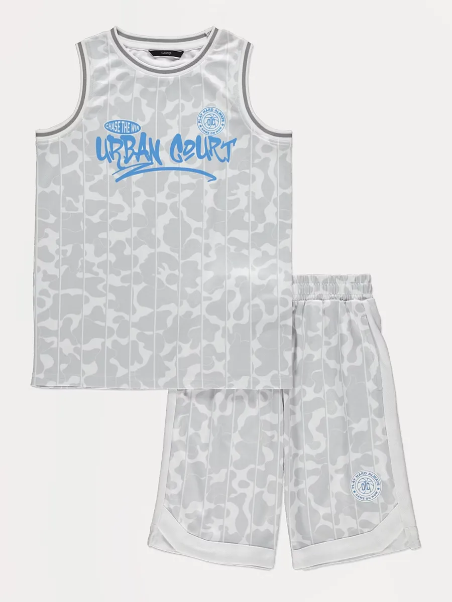 Grey Camouflage Basketball Vest and Shorts Set