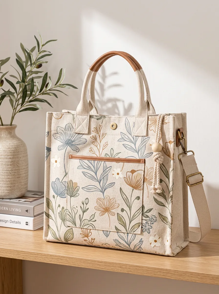 Women's Top Handle Botanical Floral Printed Canvas Shoulder Tote Bag