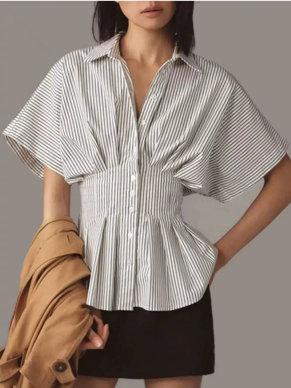 Cinched-Waist Striped Buttoned Shirt