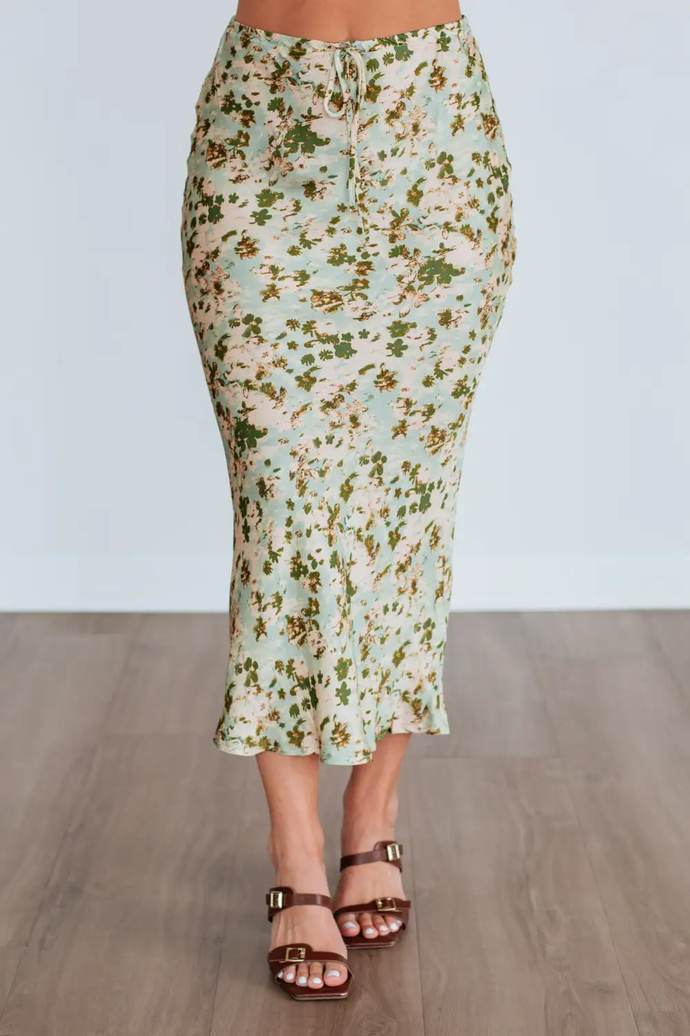 Floral Print Satin Elastic Waist Midi Skirt