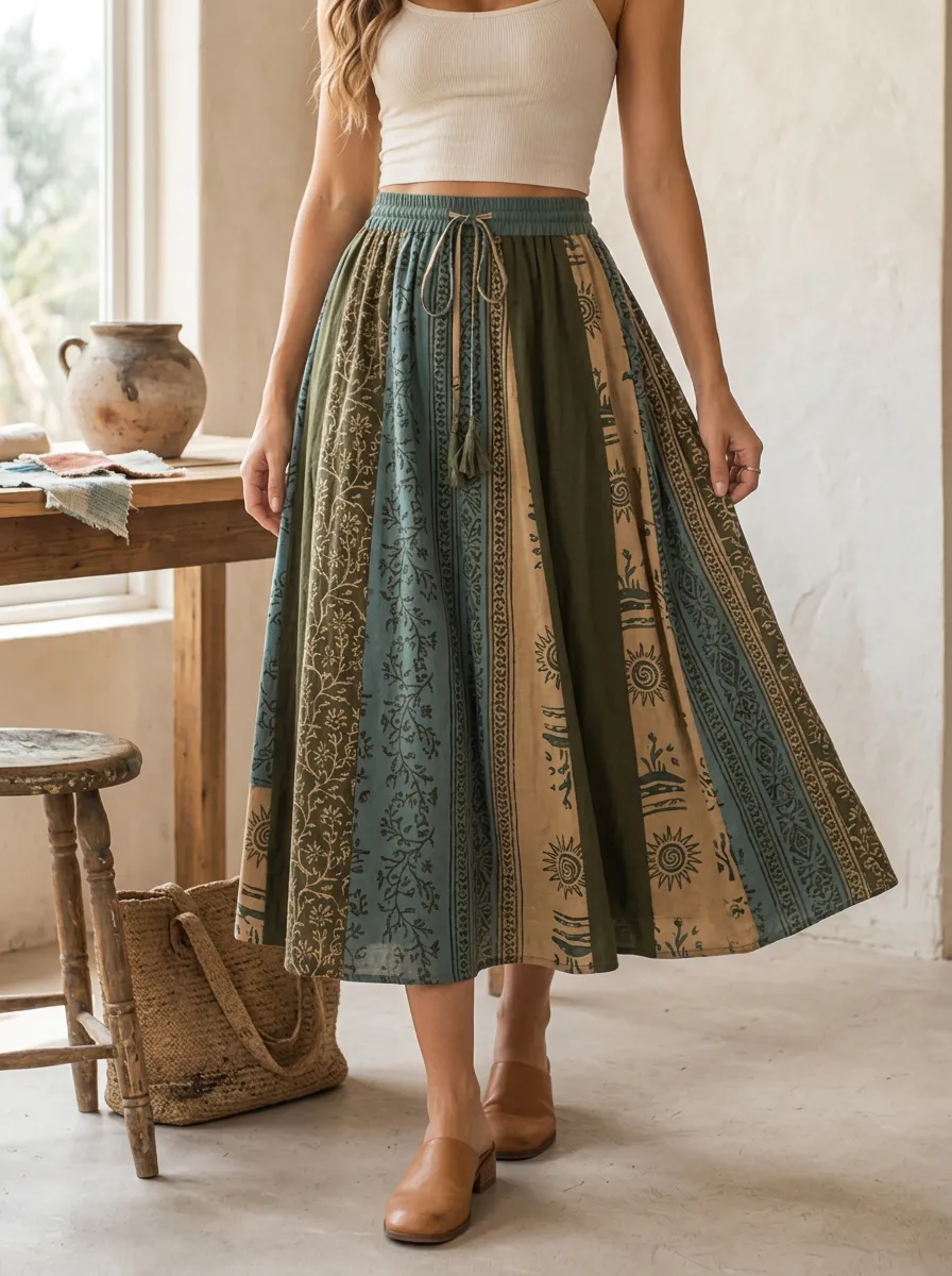 Women's Boho Style Sun Floral Pattern Printed Midi Skirt