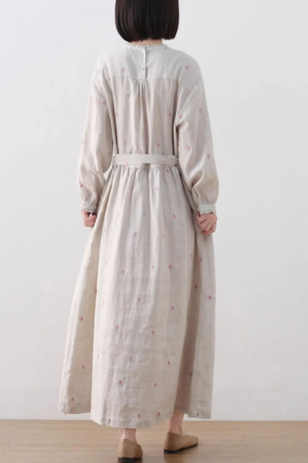 Floral Linen Ruffle Long Sleeve Midi Dress