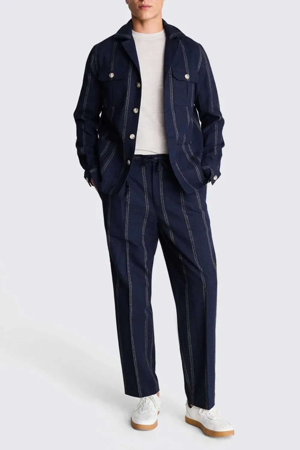 Cotton-Linen Blend Navy Striped Casual Jacket