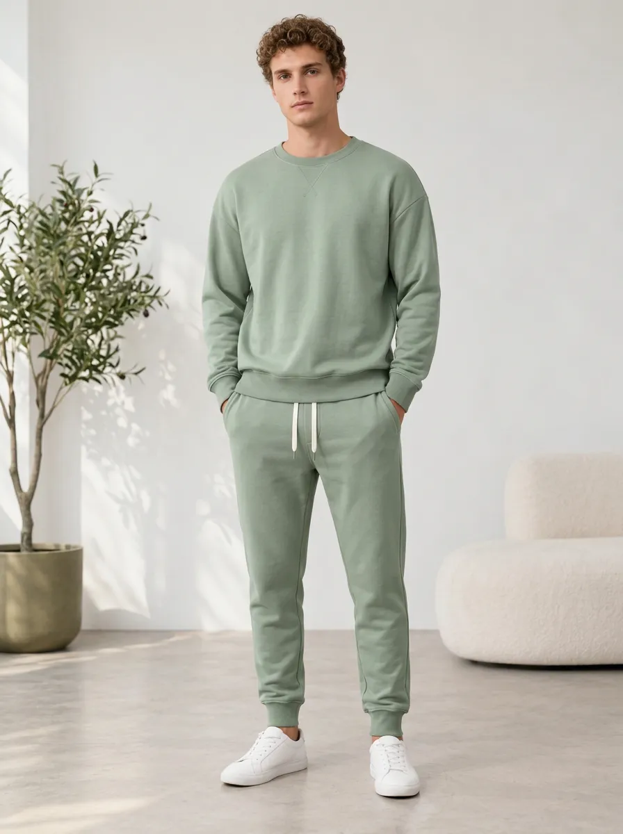 Men's Modern Crewneck Sweatshirt Tapered Jogger Drawstring Jogger Set