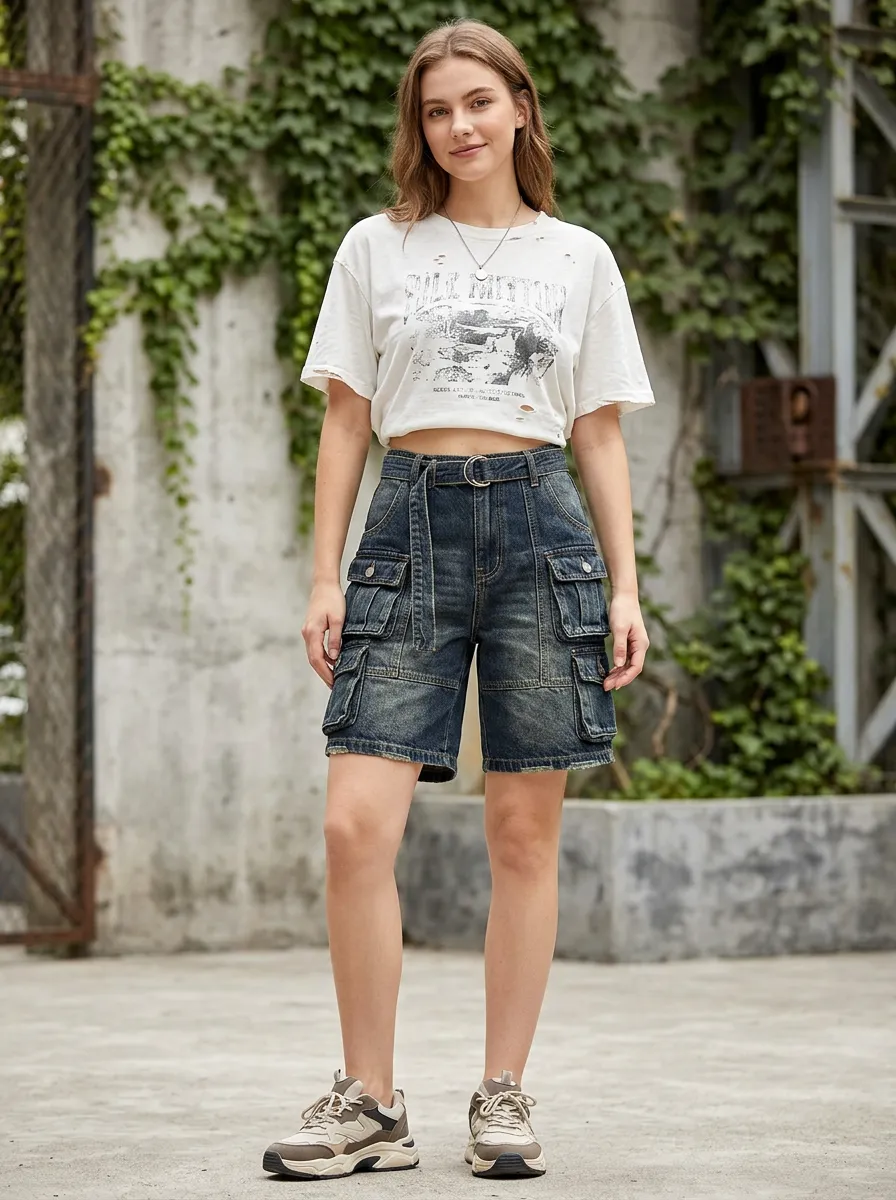 Women's Vintage Streetwear Washed Denim Multi-Pocket Cargo Shorts