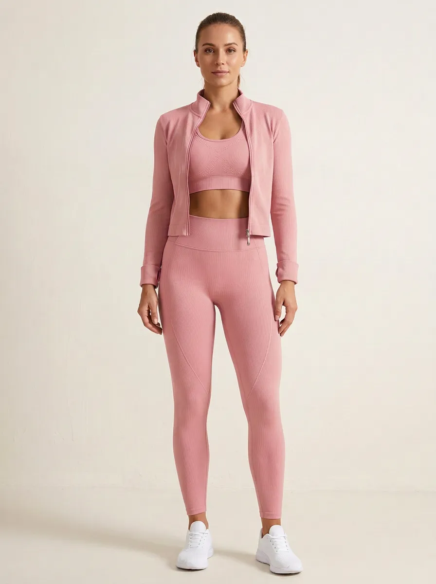 Utility Ribbed Texture Seamless Design Edit Women's Three Piece Activewear Set