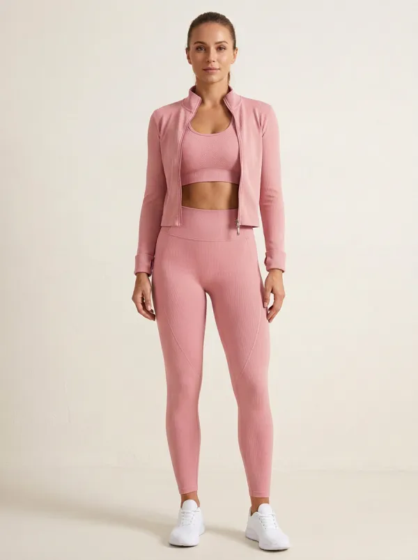 Utility Ribbed Texture Seamless Design Edit Women's Three Piece Activewear Set