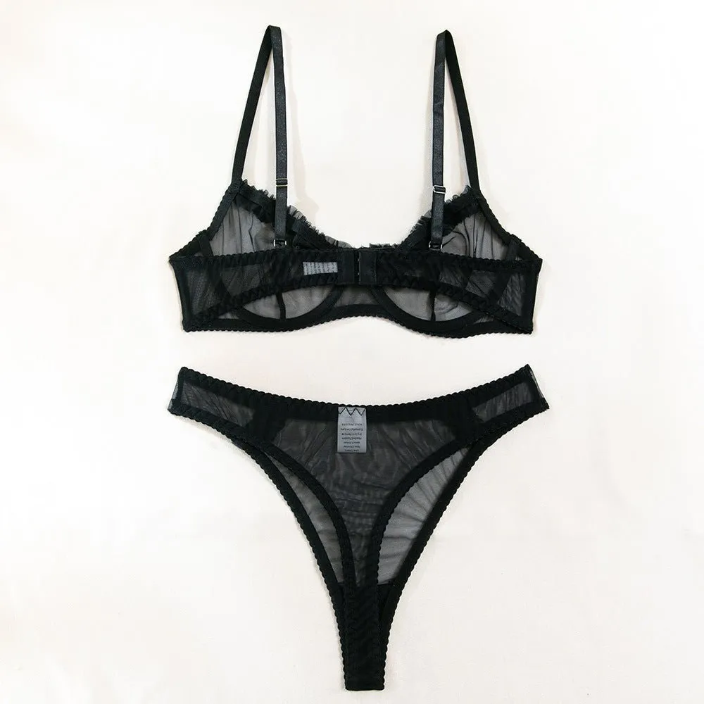 Pleated Mesh Lace Underwire Bra Set