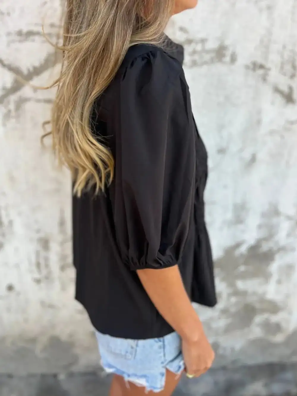 Smocked Puff-Sleeve Buttoned Blouse