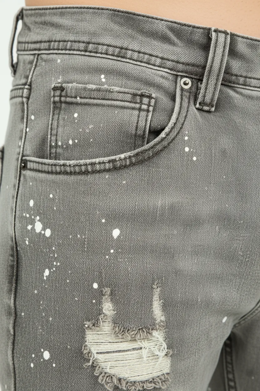 Distressed Slim Fit Paint Splatter Five Pocket Jeans