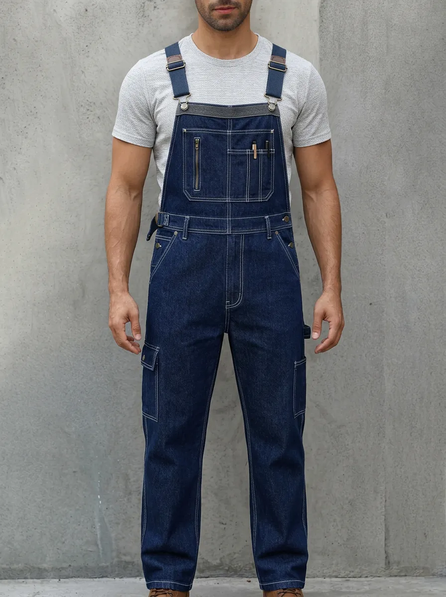 Men's Casual Workwear Dark Denim Multi-Pocket Bib Overalls