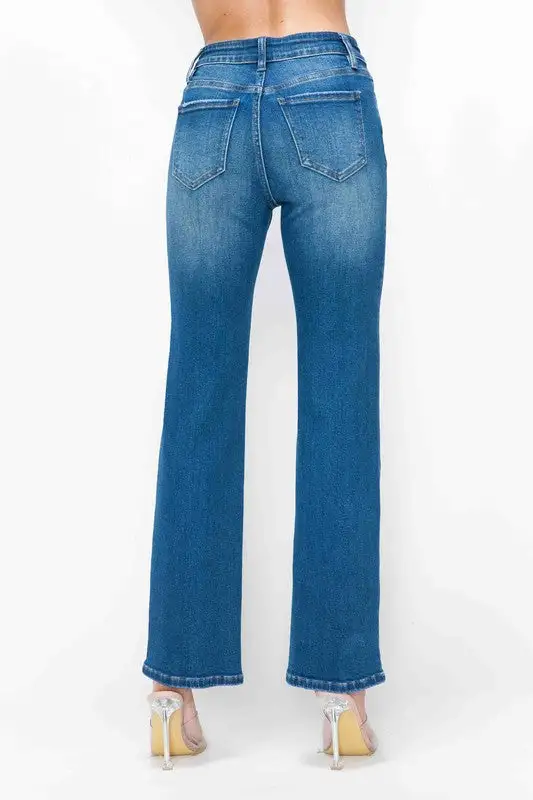High-Rise Washed Stretch Straight Leg Jeans