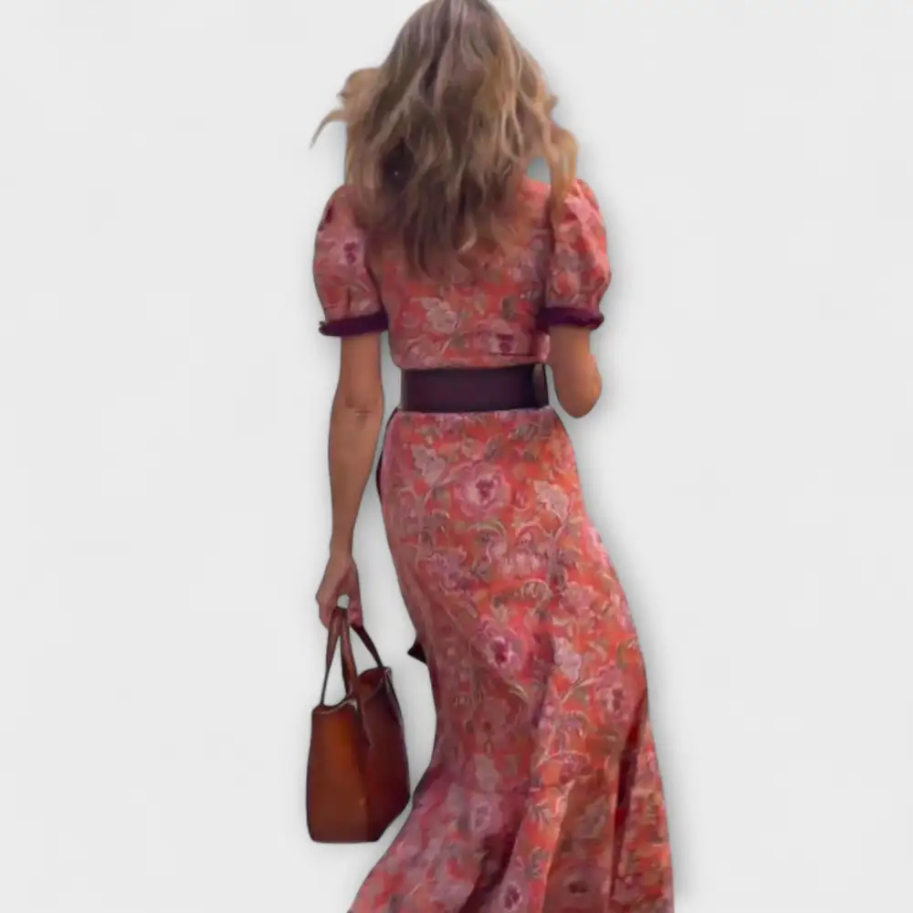 Belted Short Sleeve Flowing Maxi Dress