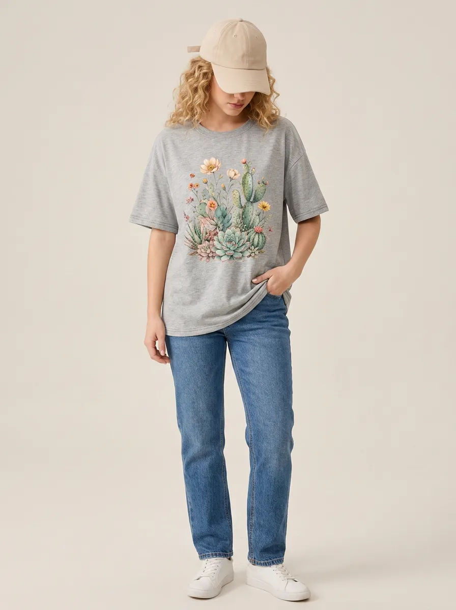 Women's Succulent Cactus Botanical Graphic T-Shirt