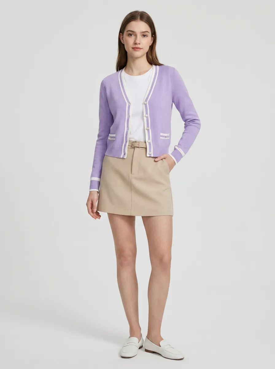 Women's Casual Style Purple White Trim Buttoned Knit Cardigan
