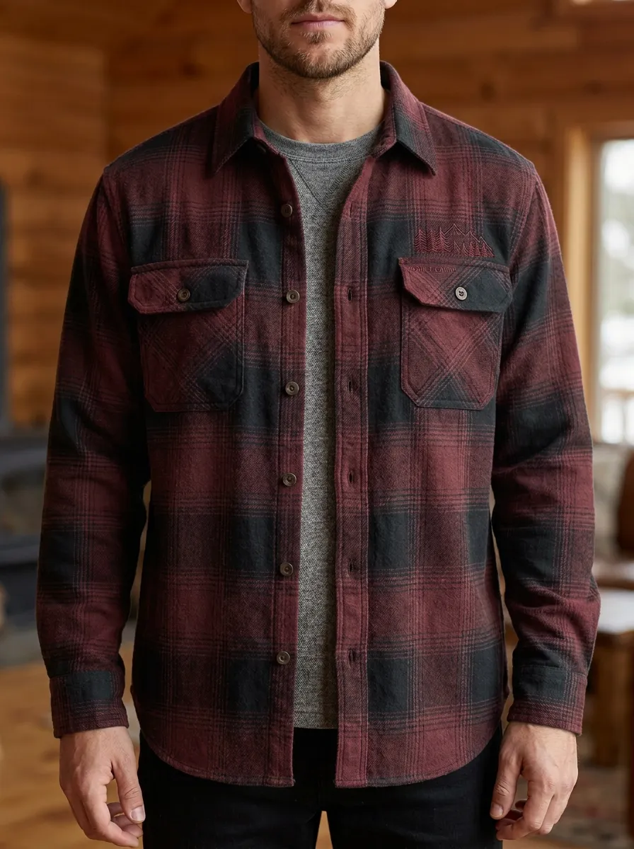Mountain Pine Tree Plaid Embroidered Detail Shirt