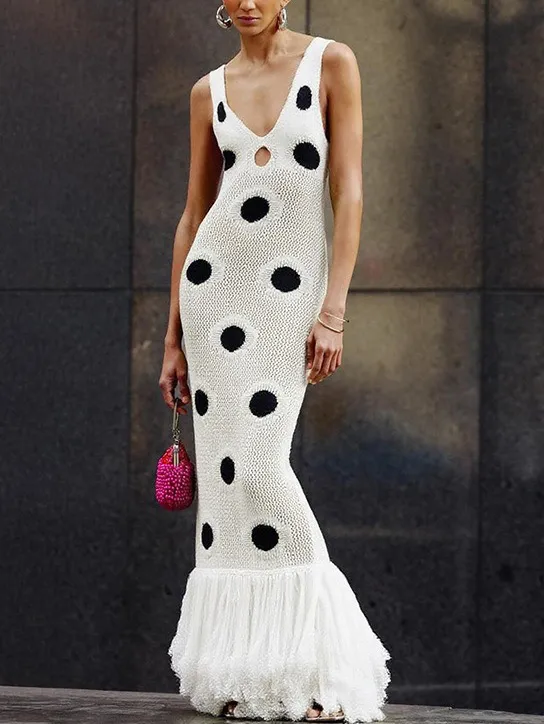 Crochet Polka Dot Tassel Maxi Dress