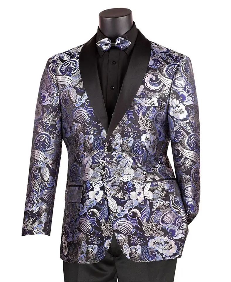 Navy Modern Fit Jacquard Paisley Shawl Lapel Bow Tie Blazer