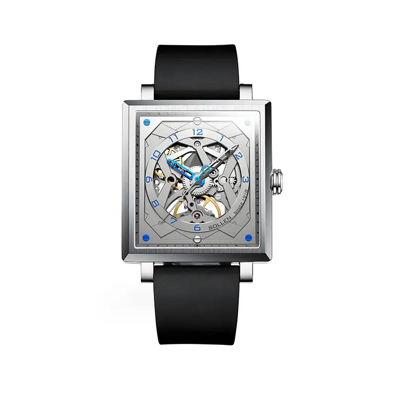 Sollen SL205 Men's Square Skeleton Automatic Mechanical Watch - 35x38mm Stainless Steel Case Sapphire Crystal Open Dial Fluororubber Strap Wristwatch