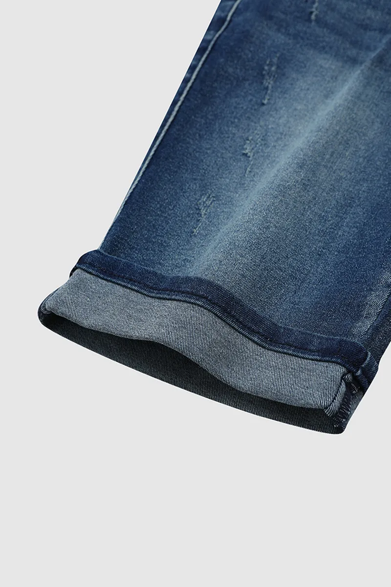 Two Tone Button Front Ripped Denim Bermuda Shorts