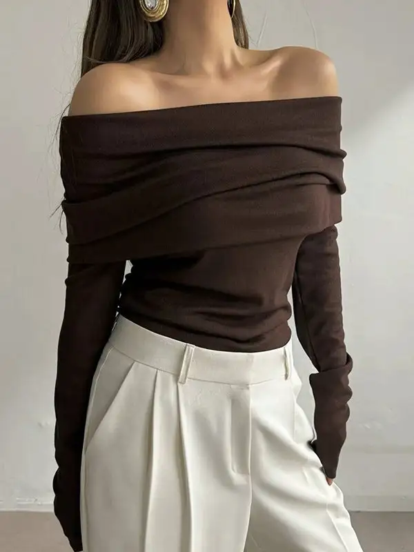 Off Shoulder Long Sleeve Relaxed Fit Pullover Sweater