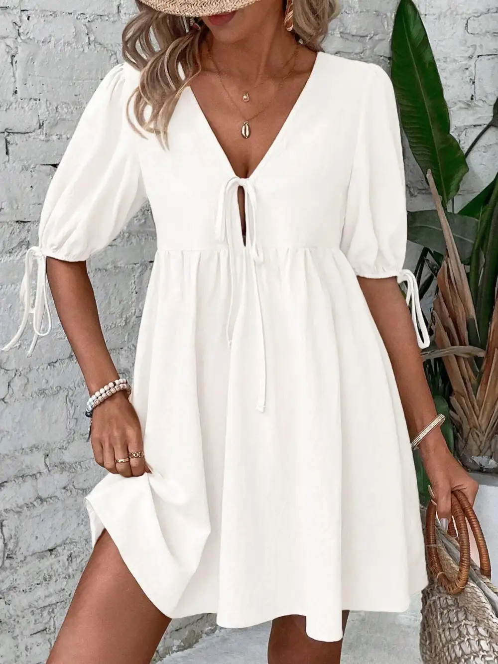 V Neck A Line Mini Dress