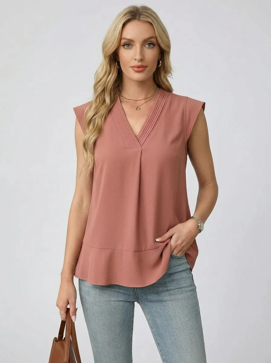 V-Neck Pleated Sleeveless Blouse
