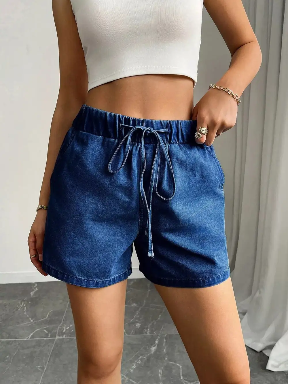 High-Waist Drawstring Pocketed Cotton Denim Shorts