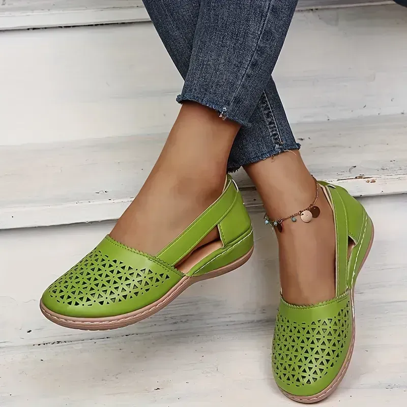 Women's Hollow Out Flat Sandals, Solid Color Cut-out Closed Toe Slip On Shoes, Casual Faux Leather Shoes
