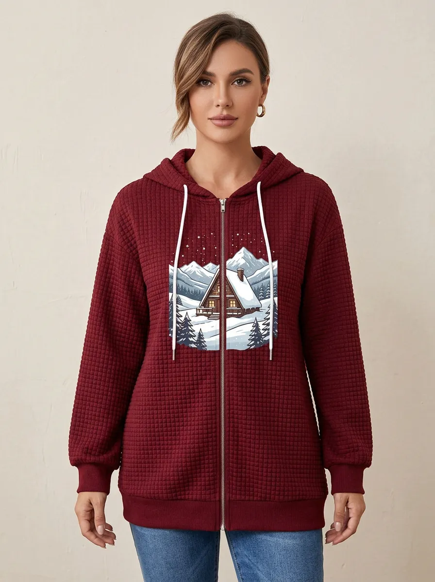 Women's Christmas Snowy Cabin Waffle-Knit Zip Hoodie