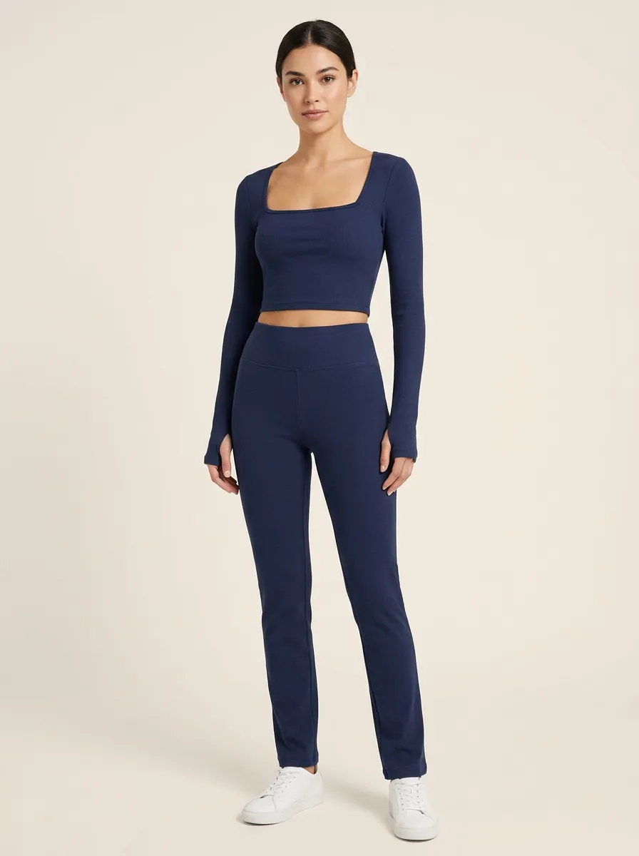 Women's Fine-Ribbed Square-Neck Thumbhole Crop Top and Straight-Leg Legging Set