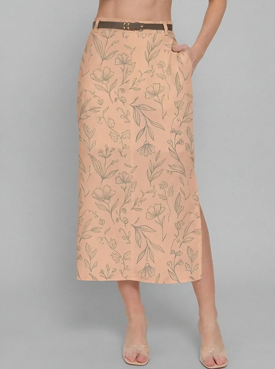Women's Botanical Floral Line Art Printed Midi Skirt