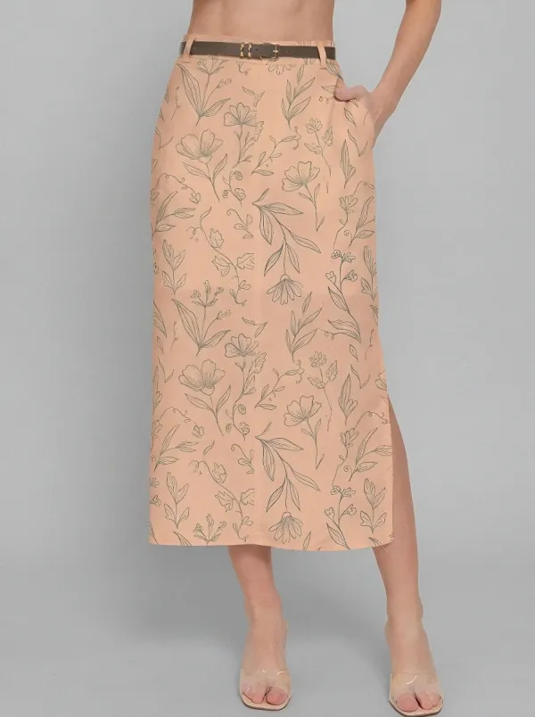 Women's Botanical Floral Line Art Printed Midi Skirt