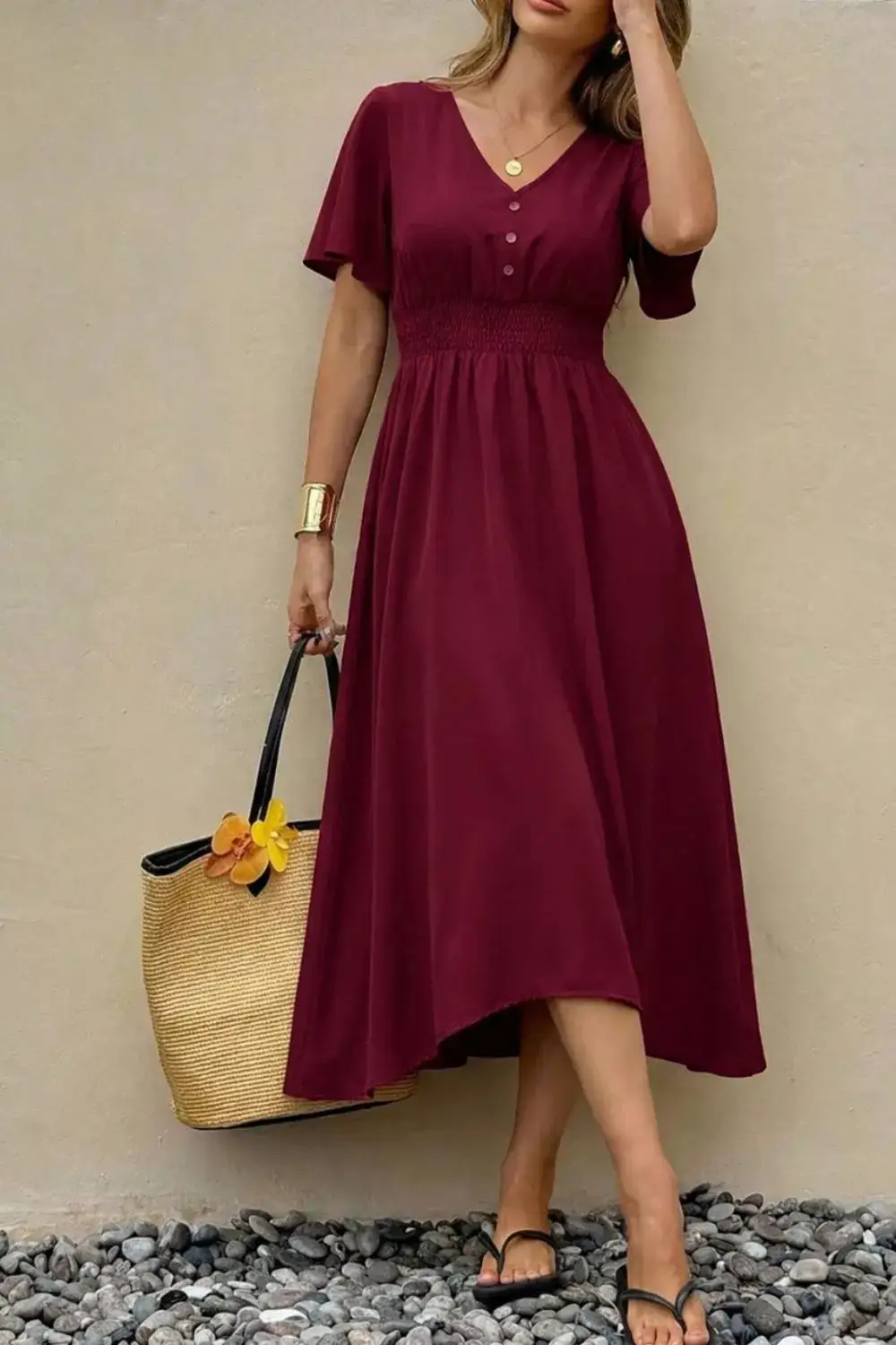 Flutter V-Neck Flutter Sleeve Midi Dress