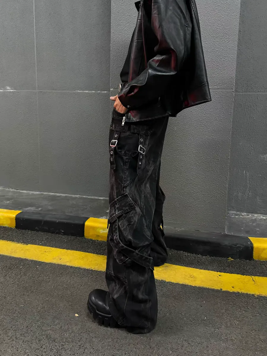Acid-Wash Cargo-Pocket Distressed Jeans
